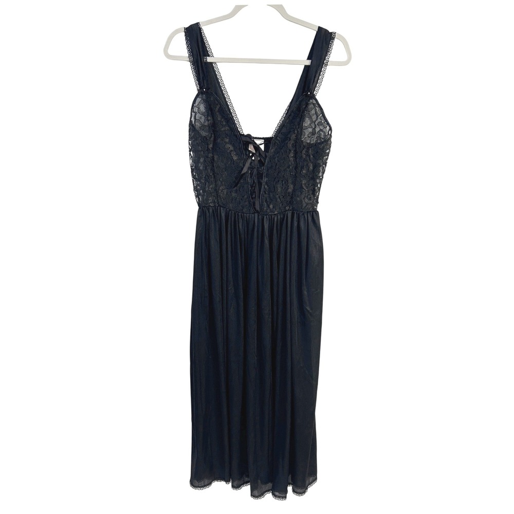 VTG Black Lace Slip Dress Nightgown Small Sheer Lace Up Dark Romantic Whimsigoth